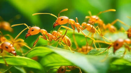 Wall Mural - A close-up of weaver ants, also known as ants, shows macro swarms of these ants amidst green foliage. 