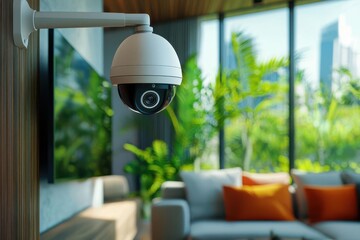 Smart CCTV camera monitoring a modern living room, integrated with home automation system, seamless security, smart home protection