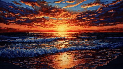 Poster - Sunset Over the Ocean with Waves and a Beaded Texture