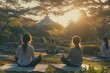 © Valentyna - Group of people practicing meditation in a serene Japanese garden at sunset, with traditional architecture visible