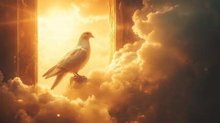 radiant dove perched at the gates of heaven, surrounded by golden light and celestial clouds.