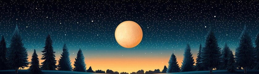 Glowing supermoon, lunar shine illuminating night sky, flat design illustration