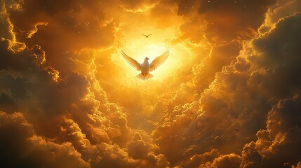 Wall Mural - radiant dove perched at the gates of heaven, surrounded by golden light and celestial clouds.