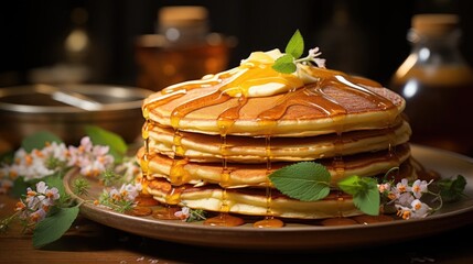 Wall Mural - Close-Up of pile of pancakes with melted sweet syrup and fruit toppings with a blurred background
