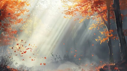 Aufkleber - Golden sunlight filters through vibrant autumn foliage, illuminating a misty forest filled with falling leaves.