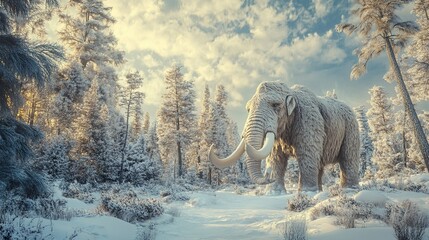 Woolly mammoth in a prehistoric winter landscape. Image of animal. copy space for text.