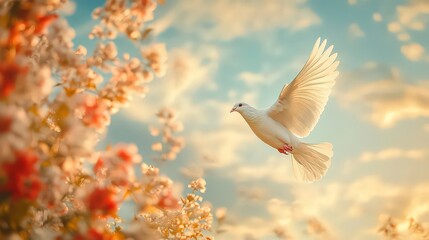 Wall Mural - single white dove gliding smoothly across a calm, heavenly sky, with soft, pastel-colored clouds.