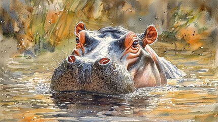 watercolor hippopotamus emerging from a river, with water droplets and reflections.