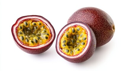 Sticker - A ripe passion fruit, whole and halved to reveal its bright yellow seeds, isolated on a white background