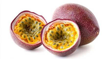 Sticker - A ripe passion fruit, whole and halved to reveal its bright yellow seeds, isolated on a white background