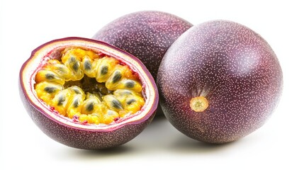 Sticker - A ripe passion fruit, whole and halved to display the vibrant yellow seeds, isolated on a white background, highlighting its premium export quality