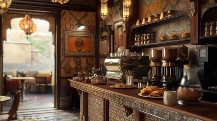 Fototapete - A charming cafe features intricate wooden decor, a gleaming coffee machine, and an array of pastries ready for customers.