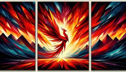 Wall Mural - HD triptych art of an abstract red burning phoenix at twilight, bold colors, geometric shapes, modern art, acrylic on canvas