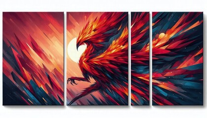 Wall Mural - HD triptych art of an abstract red burning phoenix at twilight, bold colors, geometric shapes, modern art, acrylic on canvas