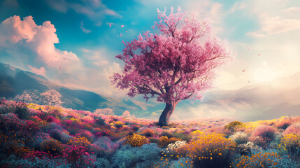 Fantastic landscape with a fantasy tree of desires in pink, blue, yellow colors