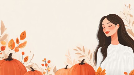 Woman with autumn leaves and pumpkins illustration