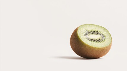 Wall Mural - A ripe kiwifruit, with its green flesh and tiny black seeds, isolated on a white background, emphasizing its premium export quality