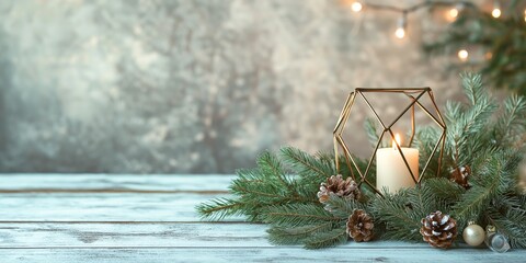 Christmas centerpiece with pine branches, candle in geometric lantern, pinecones, on wooden table, cozy holiday decor, Scandinavian style, pastel tones, selective focus, copy space

