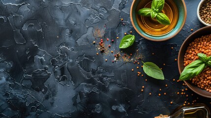 Wall Mural - Dark background, flat lay photography of a kitchen table with a small bowl 