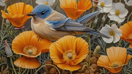 Canvas Print - A blue bird is perched on yellow flowers