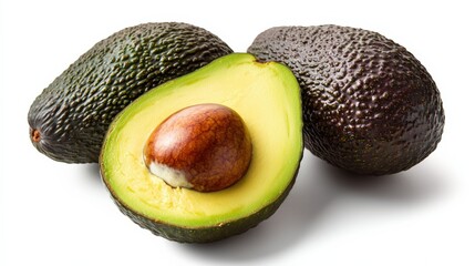 Sticker - A ripe avocado, halved to reveal the creamy green flesh and seed, isolated on a white background, highlighting its export quality