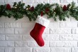 © trimiati - White brick wall with Christmas garland and a red Christmas stocking hanging
