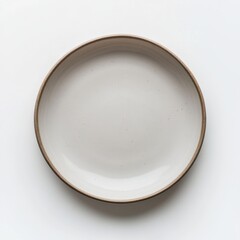 Top down view of an empty ceramic round plate against a clean white background. The smooth texture and simple design emphasize elegance and versatility for any table setting.