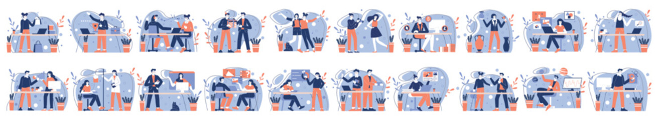 Wall Mural - mega set of different blue concepts with people scene in flat cartoon design. illustrations cover bu