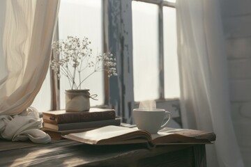 Wall Mural - An open book and a steaming cup of coffee sit by a window framed with delicate curtains and sunlight, evoking a sense of quiet and calm.