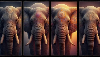 HD triptych art of photorealistic elephants at twilight, close-up portraits, intricate patterns and colors, photography