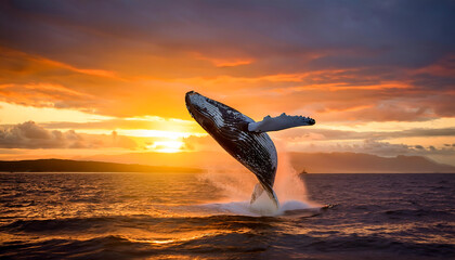 majestic whale leaping sunset sky blending power nature beauty golden horizon creating surreal scene