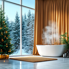 Luxurious bathroom with winter view, golden curtains, and Christmas decorations.