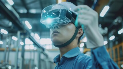 Man Using VR Headset in Factory