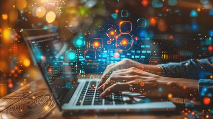 Digital Technology Concept, Programmer Working on Laptop with Abstract Interface