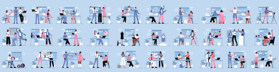 Wall Mural - bundle of blue background concepts with people scene in flat cartoon design. a massive collection of