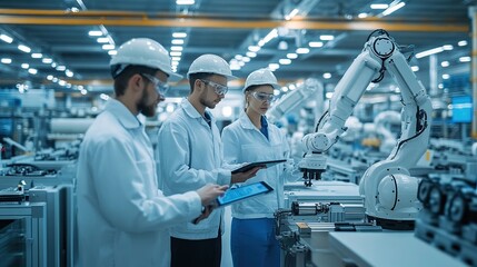 industrial factory with engineers use a touchscreen interface to manage a series of precision robotic arms in a modern automated factory