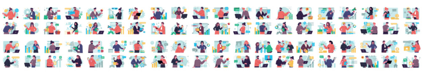 Wall Mural - bundle of color concepts with people scene in flat cartoon design. a big collection of scenes with m