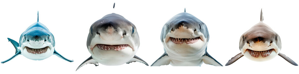 Four sharks are shown with their mouths open, one of which is a great white