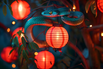 Wall Mural - background with new year decoration and snake in santa claus hat, symbol of 2025.