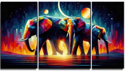 Wall Mural - HD triptych art of abstract elephants at twilight, bold colors, geometric shapes, modern art, acrylic on canvas