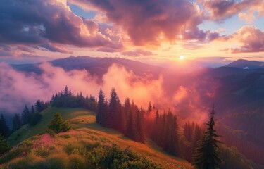 Wall Mural - A stunning sunrise over the Carpathian Mountains, with colorful clouds in the sky and lush greenery on rolling hills below Generative AI