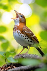 Wall Mural - A thrush singing joyfully among vibrant green leaves in early morning light