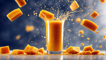 Mango juice. Juice splashes. Glass of mango juice. Mango pieces. Explosion of flavor