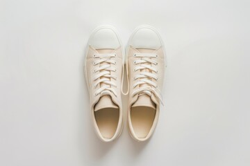 Cream-colored sneakers neatly placed on a pristine white background, emphasizing simplicity and elegance.