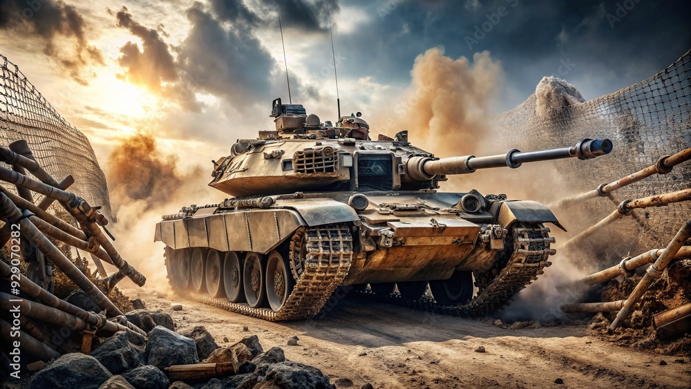 Rugged military tank navigating through a dusty, war-torn terrain ...
