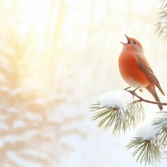 Wall Mural - A vibrant bird singing atop a snow-laden branch in a winter wonderland