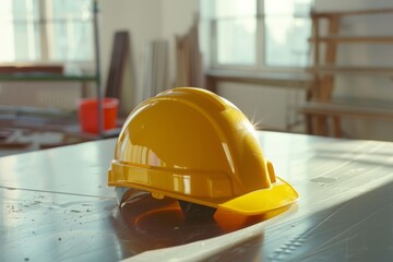 Yellow hard hat resting on a construction table in a sunlit room, symbolizing safety and industry.