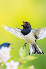 A vibrant black and white bird singing joyfully in a blossoming garden at dawn