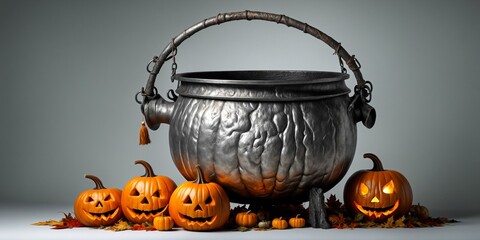 Witch's cauldron made of Forged iron with Halloween decorations on a white and gray background. Jack o lantern pumpkins on the ground.