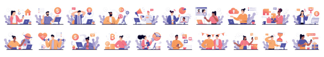 Wall Mural - mega set of color simple concepts with people scene in flat cartoon design. a big collection of scen